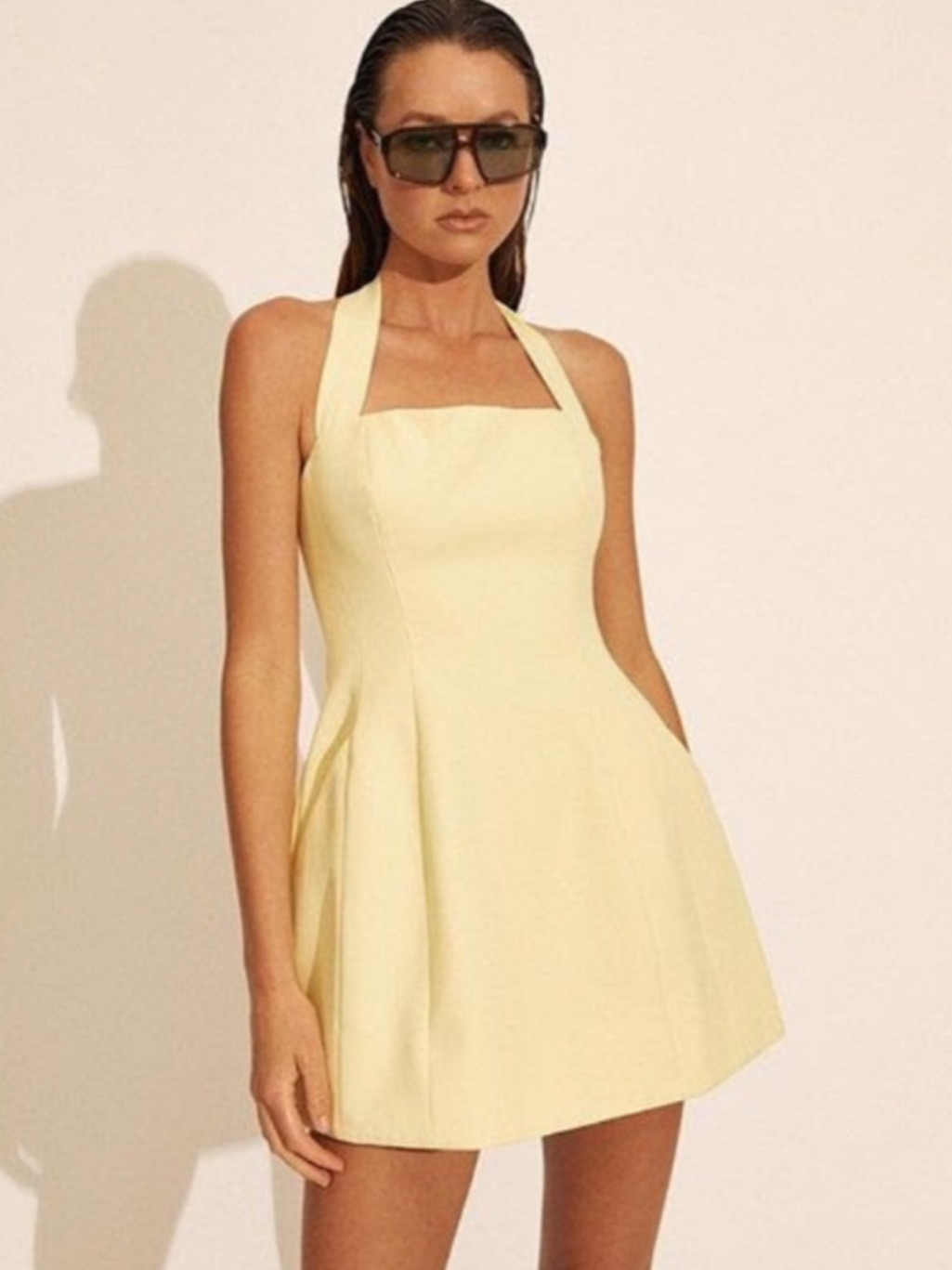 Bardot Pastel Yellow Halter Square-Neck Mini Dress